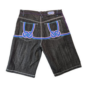 Evolution In Design Y2K Embroidered Pocket Black Denim Jean Shorts Mens Size 38